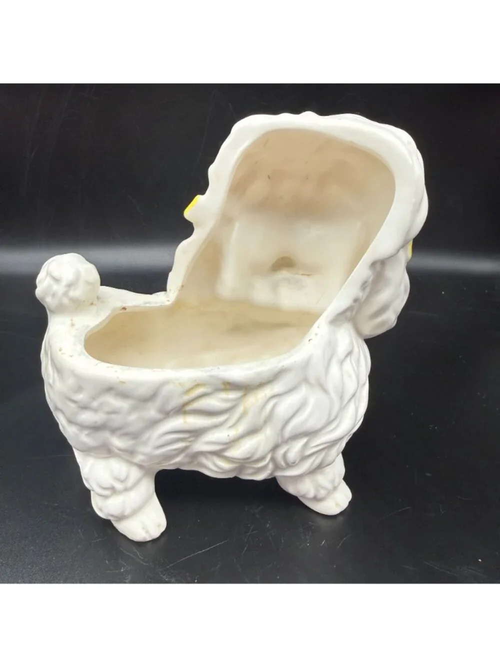 Vtg White Poodle Dog Planter Hand Painted Ceramic Bows Flowers MCM Import Kitsch